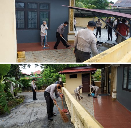  Jelang Hari Bhayangkara Ke-74, Polres Kampar Lakukan Goro dan Desinfeksi di Tempat Ibadah