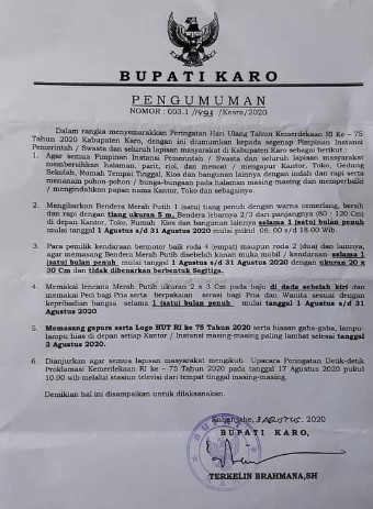 Bupati Karo Himbau Kibarkan Bendera Merah Putih Peringatan HUT Kemerdekaan