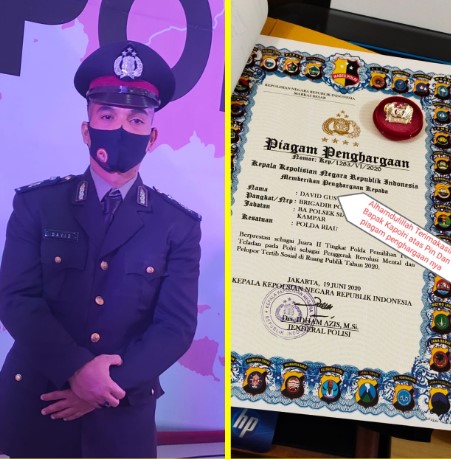  Brigadir David Bhabinkamtibmas Polsek Siak Hulu Kampar Terima Piagam dan Pin Perak dari Kapolri