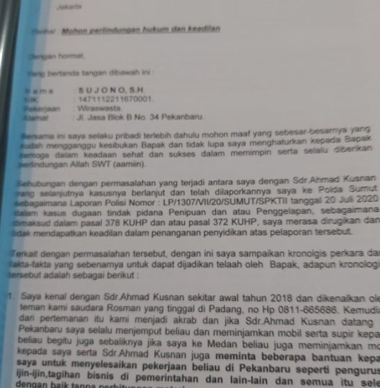 Dizholimi dan Dilaporkan Kasus Penipuan dan Penggelapan, Sujono: Tolong Saya Bapak Kapolri, Kapoldasu dan Kabid Propam