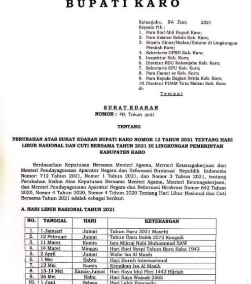  Bupati Karo Keluarkan Surat Edaran Libur Nasional dan Cuti Bersama Tahun 2021