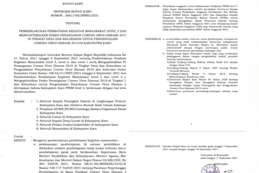 Bupati Karo Perpanjangan PPKM Hingga 20 September