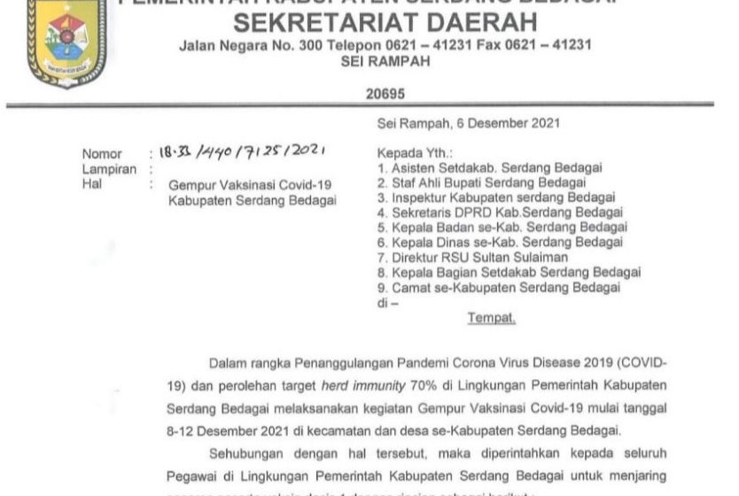  Pemkab Sergai Terbitkan Surat Untuk ASN Sukseskan Kegiatan Vaksinasi