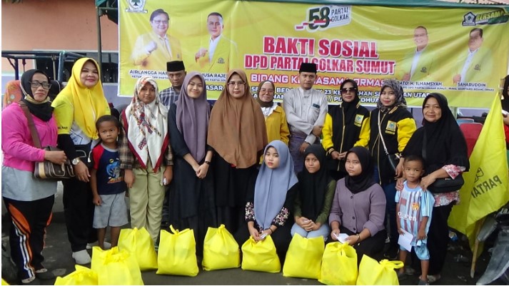 HUT Ke-58, DPD Partai Golkar Sumut Berbagi 58 Paket Sembako, Santuni Anak Yatim Serta Gelar Pasar Murah