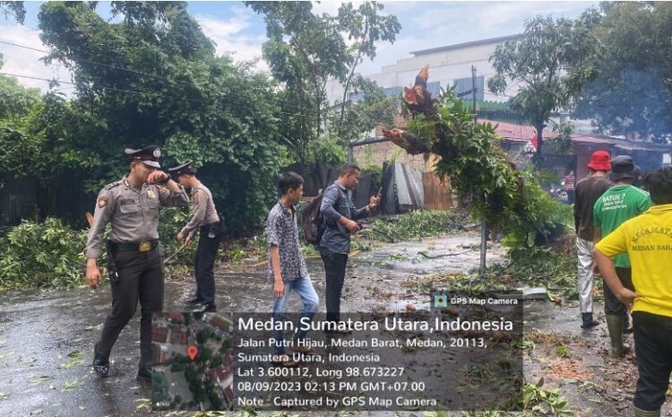  Polisi Samapta Polrestabes Medan dan Masyarakat Bersinergi Singkirkan Pohon Tumbang