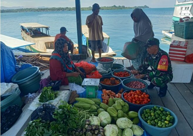  Babinsa Koramil 1311-02/BS Laksanakan Komsos dan Penecekan Harga Sembako di Pasar Tradisional Pesisir Pantai Desa Lakombulo