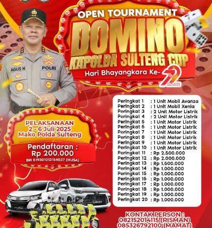  Domino Kapolda Sulteng Cup Hari Bhayangkara Ke-79 Perebutkan 2 Mobil MPV