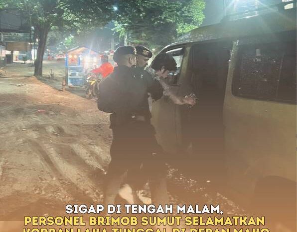  Sigap di Tengah Malam, Personel Brimob Sumut Selamatkan Korban Laka Tunggal di Depan Mako