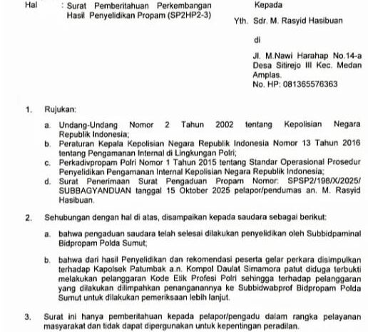  Diduga Langgar Kode Etik, Kapolsek Patumbak Diperiksa Propam