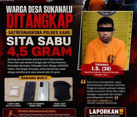  Warga Desa Sukanalu Ditangkap, Polres Karo Sita Sabu 4,5 Gram di Pinggir Jalan